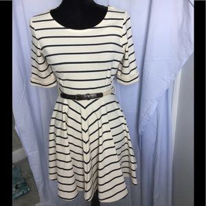 Cream and Navy Blue Striped Short Dress